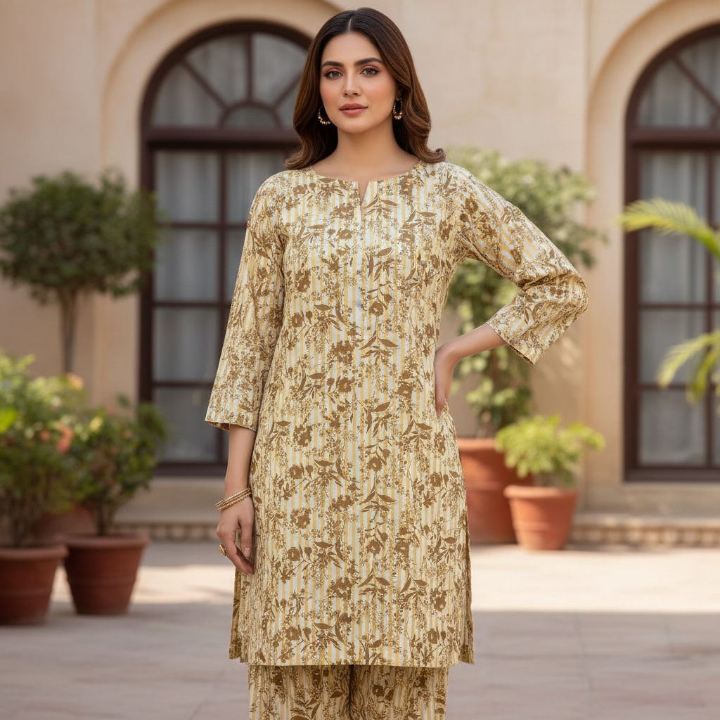 Beige & Gold Floral Striped Set