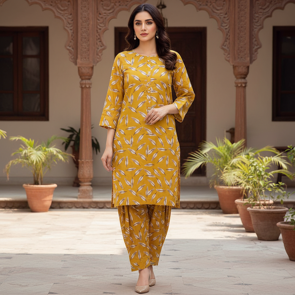 Mustard Yellow Leaf Print Co-Ord Set - 2 Piece Cotton Kurta & Trouser Mustard Yellow Leaf Print Co-Ord Set - 2 Piece Cotton Kurta & Trouser